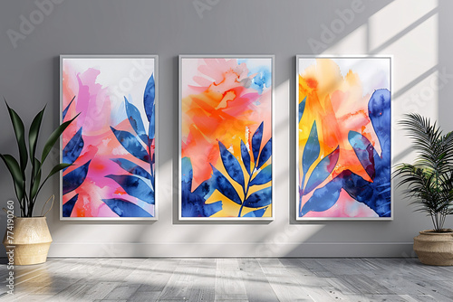 A series of vector wall art posters on a botanical theme. Hand drawn set of foliage lines and geometric shapes