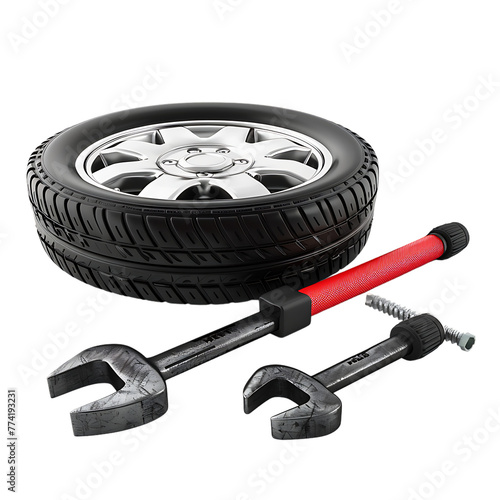 A black tire with silver hubcap resting on a red handlebar wrench.