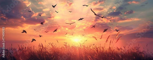 A serene moment as birds take flight at sunset