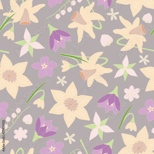 Vector seamless pattern with various spring flowers on grey