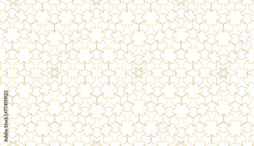 Geometric Arabesque ornament seamless pattern with golden flowers and stars. Islamic gold lines scrollwork background. Luxury royal Vintage Art Deco vector illustration 