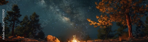 Bright stars twinkle above a lone wanderers campfire in the wilderness.