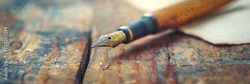 Close up of fountain pen on a wood table background, wallpaper 