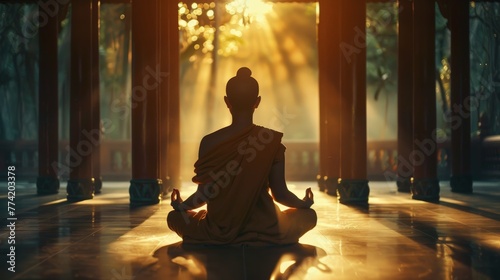 silhouette of buddha meditating in temple against sunset