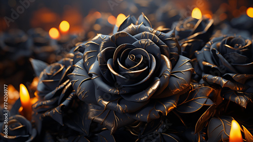 Roses noires et dorées. Matière et texture. Arrière-plan de flou. Fleurs, rose, plantes, nature. Flammes, feu. Pour conception et création graphique. 