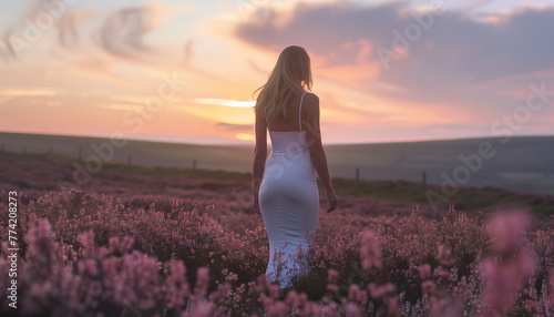 Woman in White Dress Amidst Purple Heather Fields at Sunset