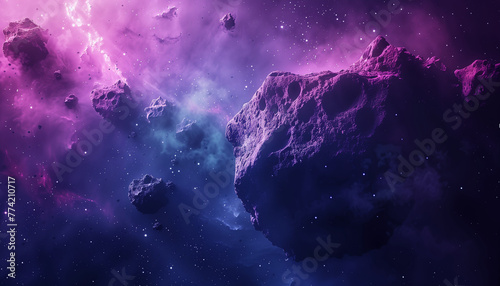 Surreal cosmic landscape with vibrant nebulae and floating asteroids, concept for the International Asteroid Day