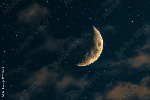 A serene night sky with a luminous crescent moon surrounded by glittering stars and soft clouds.