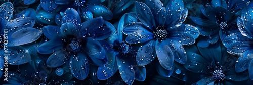 Night-blooming flowers, each petal a deep sapphire blue, with dewdrops captured in diamond-like clarity, all set against a backdrop of moonlit, metallic hues created with Generative AI Technology