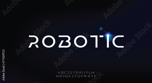 Futuristic abstract modern techno font, abstract geometric sci fi bold display letter set, stencil clean stencil monospaced robotic typeface