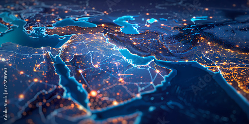 Abstract map of Saudi Arabia, Middle East and North Africa, concept of global network and connectivity, data transfer and cyber technology, information exchange and telecommunication