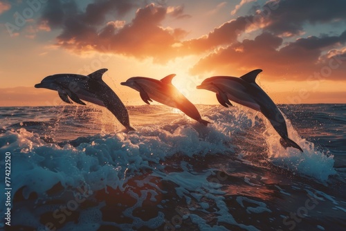 Three dolphins jumping out of the water in the ocean
