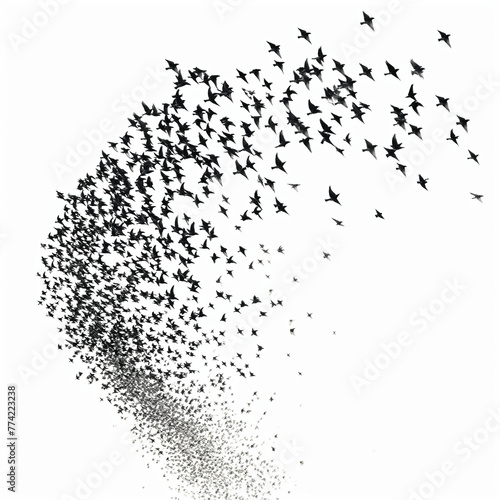 murmuration of starlings, isolated on white sky