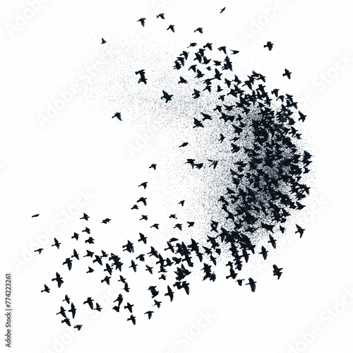 murmuration of starlings, isolated on white sky