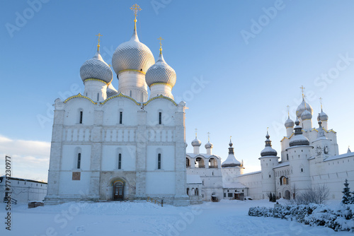 January morning at the ancient Assumption Cathedral. Kremlin of Rostov the Great. Golden ring of Russia
