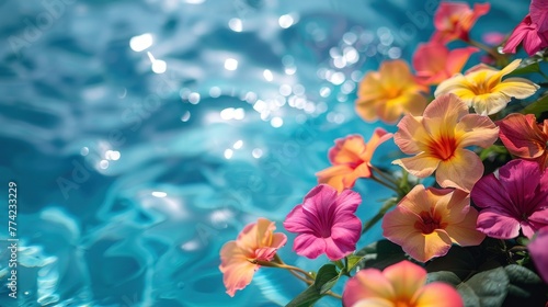 A beautiful bouquet of flowers is floating on the surface of a blue pool
