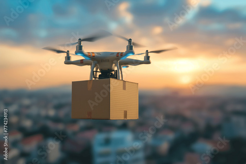 A drone hovers in the sky, transporting a cardboard box as part of innovative delivery solutions utilizing unmanned aerial vehicles and advanced technology for fast and reliable transportation.
