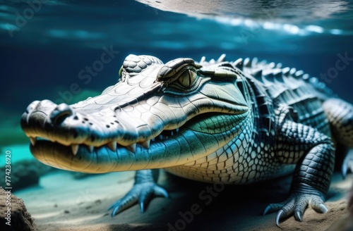 A crocodile walks along the underwater river bed