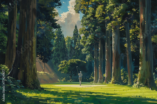 A golfer teeing off against a backdrop of majestic towering trees.