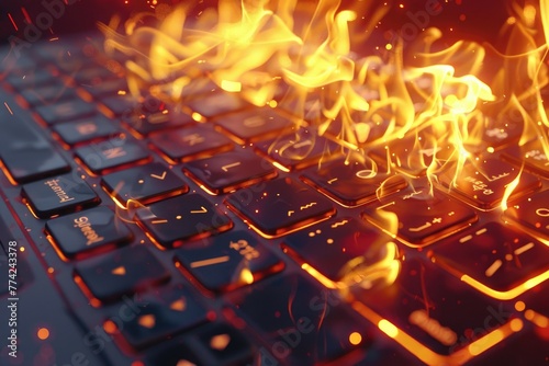 Closeup 3D view of a laptop keyboard, each key igniting into bright, hot flames, backlighting illuminating the fiery scene