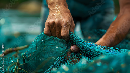 Close-up view of a man hands picking up a green fishing net. Waste in nature. 