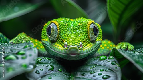  A tight shot of a green-yellow chameleon perched on a leaf, adorned with dewdrops on its facial features