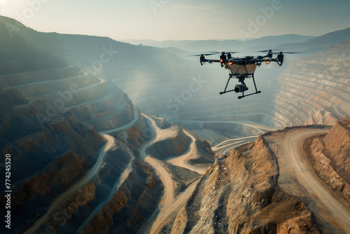 Engineer and team survey using remote control drone and discussion at copper mine, copper mine worker open pit mine surveying, behind worker, morning light.