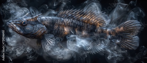  A tight shot of a fish exhaling steam from its mouth, overlaid on a backdrop of tranquil water