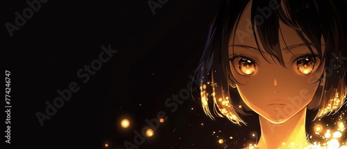  An anime character with radiant eyes and dark hair grips a luminous artifact against a backdrop of darkness