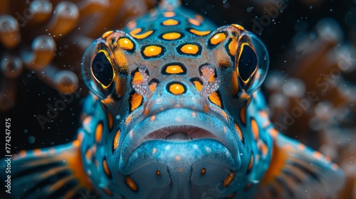  A blue-yellow fish with orange spots on its face, against a black backdrop ..Or, if you prefer to maintain the original word order:.