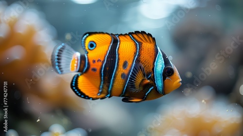  A tight shot of an orange-blue fish in an aquarium, displaying a black lateral line