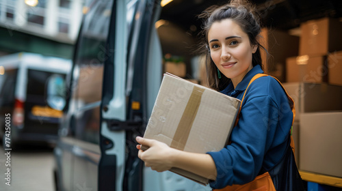 Repartidor o transportista cogiendo un paquete de una furgoneta