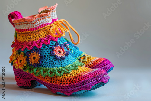 Handmade bright stylish crocheted shoes