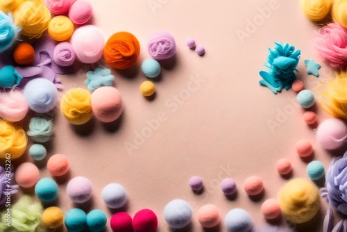 Graphic banner of colorful pastel felt craft pom poms, with copyspace