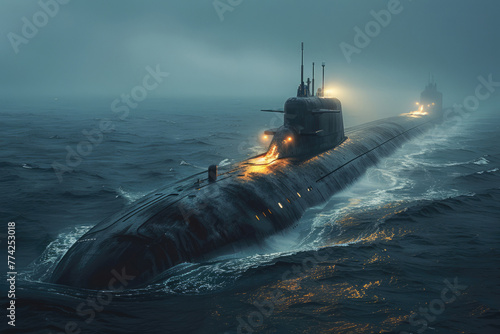 Military submarine on sea water surface