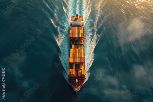 Cargo ship with containers bird's eye view