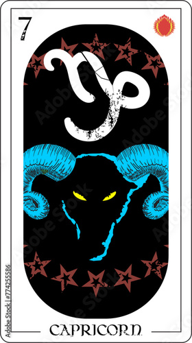 Capricorn. Divination card design with goat head surrounded by stars.