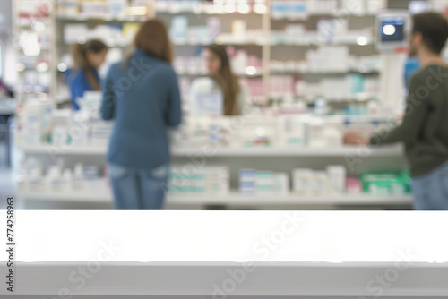 A blurred background of people at the pharmacy counter with white space for text. One person is taking their medicine from behind the counter, another woman stands at the front desk talking to staff.