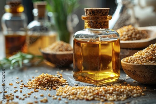 Sesame seeds and bottle with oil on a old wooden table