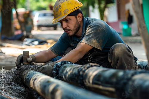 A worker repairing a sewer pipe