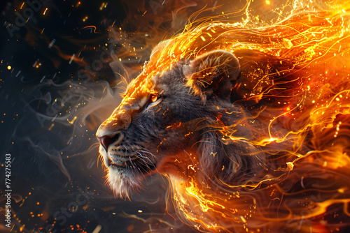 Generate an abstract lion cub portrayed as a mythical creature, with elements of fire and lightning intertwining with its magnificent mane