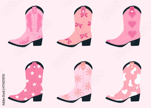 Set of pink cowgirl boots with different ornaments. Wild West fashion style. Collection of retro elements. Women cowboy accessories. Vector flat vector illustration.