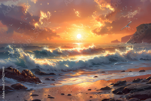 Beautiful sunset on a rocky beach with waves crashing in