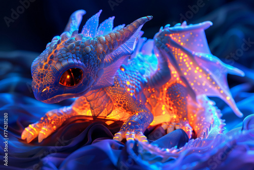 Produce a baby dragon sculpture made entirely of neon-colored light, emitting a soft glow against a dark backdrop