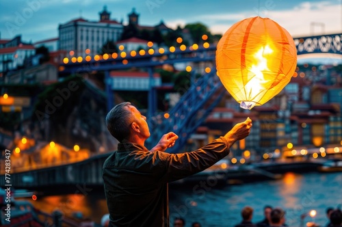 Vibrant Porto Nights: Portuense Joins São João Festivities, Launching Balloons in the City with D. Luis bridge at background