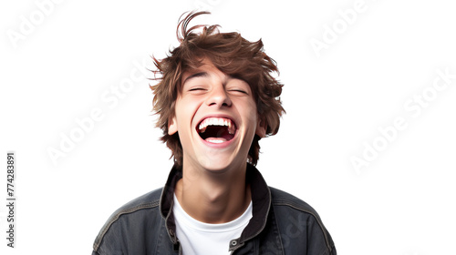 A young man joyfully laughing and making a hilarious face
