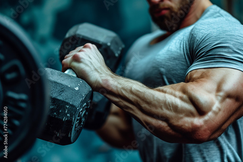 authentic image, detail close up of fit coach man lifting weight, training bicep curl in the gym. concept of weight loss and healthy living