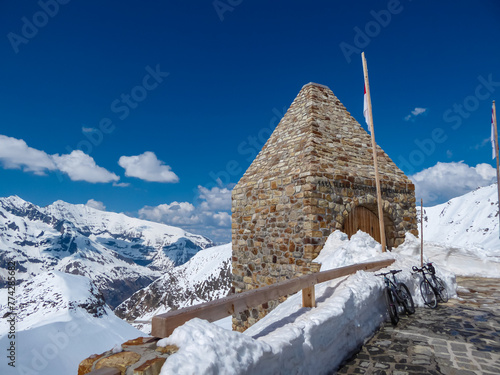 Fuscher Toerl on Grossglockner high alpine road with view of majestic snow covered mountain peaks, High Tauern National Park, Carinthia Salzburg, Austria. Remote high altitude landscape Austrian Alps