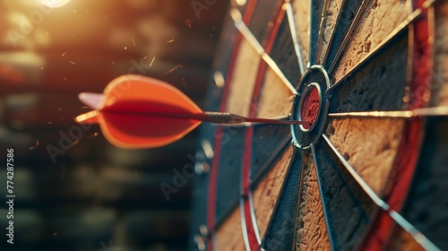 aims arrow at a virtual target dartboard, precision in setting objectives for business investments and hitting targets in business
