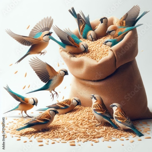 Birds peck at grain from a bag.